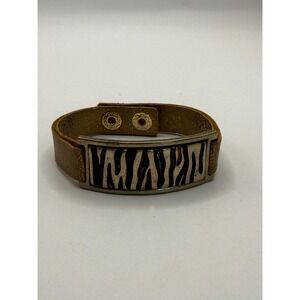 Vintage Boho Leather Cuff Bracelet Zebra Print Gold Tone Statement Adjustable